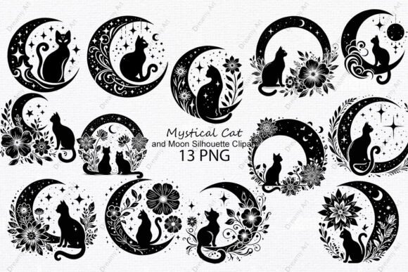 Download Mystical Cat and Moon Silhouette Clipart - Mystical Collection
