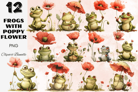 Download Frogs with Poppy Flower Clipart Bundle - Flower Collection