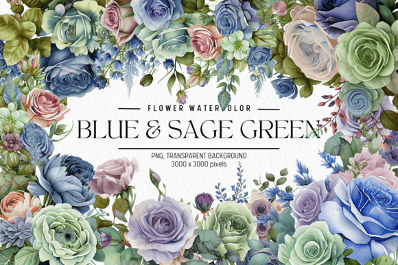 Download Blue &amp; Sage Green Flowers Watercolor - Flower Collection