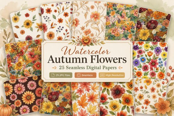Download Watercolor Autumn Flowers Digital Paper - Flower Collection